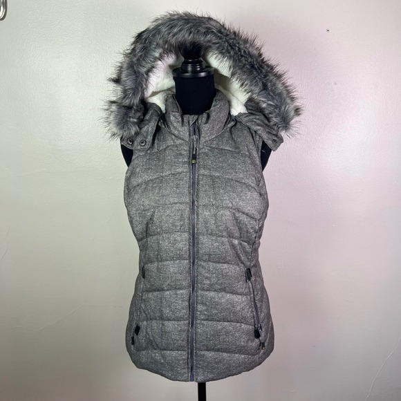 Green Tea Puffer Vest Hooded Faux Fur Trim Padded Gray Women's Medium - Picture 5 of 11
